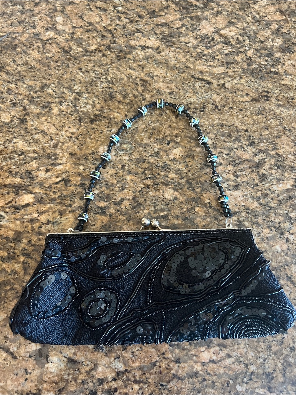 Beaded Handle Black Sequin Evening Clutch